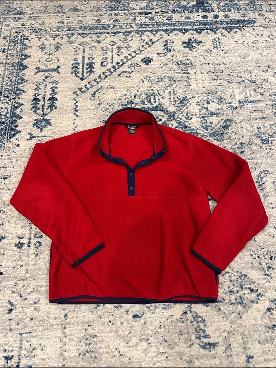 L.L. Bean Other - L.L. Bean Fleece Pullover Mens medium Red Snap Button Vintage Contrast Trim